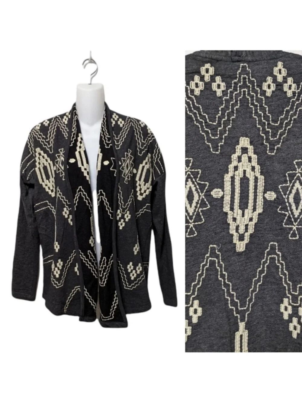 LUCKY BRAND Boho Southwestern Embroidered Open Front Cardigan M